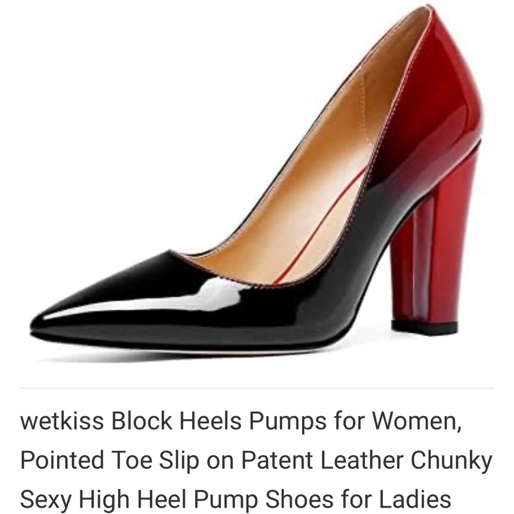 Wet❤️Kiss Ombré Block Heel Patent Leather Pointed Top Black to Red Pumps